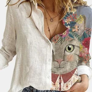 Loose Animal Cat Digital Print Shirt