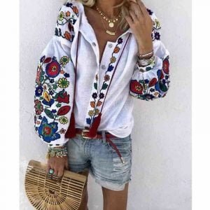 Flower Cotton Linen Button Long Lantern Sleeve Shirt