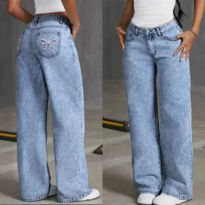 High waisted Bow Embroidered Pocket Wide Leg Jeans