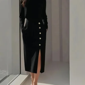 Women's Solid Color Long Sleeves Elegant Midi Dress with Button Details and Side Slit - Crew Neck