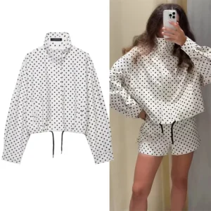 Polka Dot Print Short Jackets for Women 2025 Elegant Office Ladies Casual Outerwear