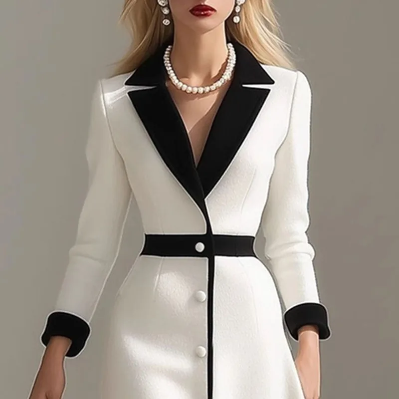 French Color Block Notched Collar Blazer Dresses Woman Button Decoration A-Line Office Dress Fall 3/4 Sleeve Elegant Party Dress - Image 3