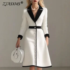 French Color Block Notched Collar Blazer Dresses Woman Button Decoration A-Line Office Dress Fall 3/4 Sleeve Elegant Party Dress