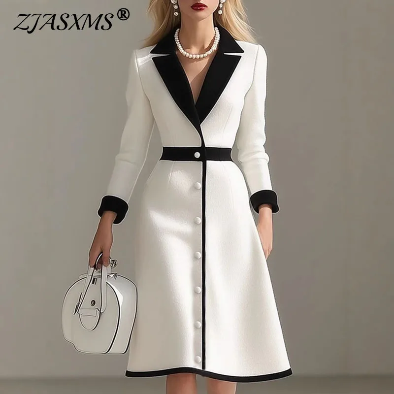 French Color Block Notched Collar Blazer Dresses Woman Button Decoration A-Line Office Dress Fall 3/4 Sleeve Elegant Party Dress