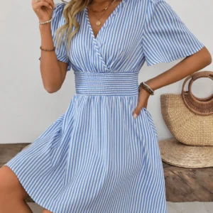V-Neck Striped Short Sleeve Casual Mini Dress